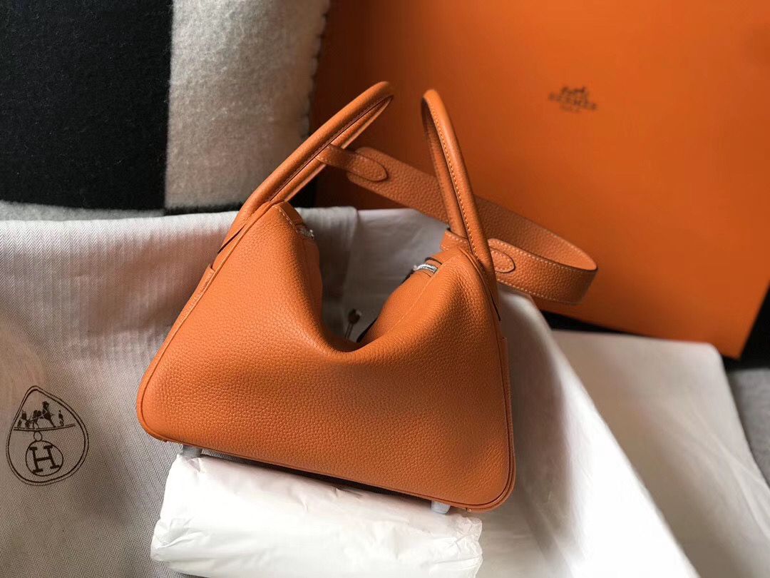Hermes Lindy 26cm Bag In Orange Clemence Leather PHW - Image 3