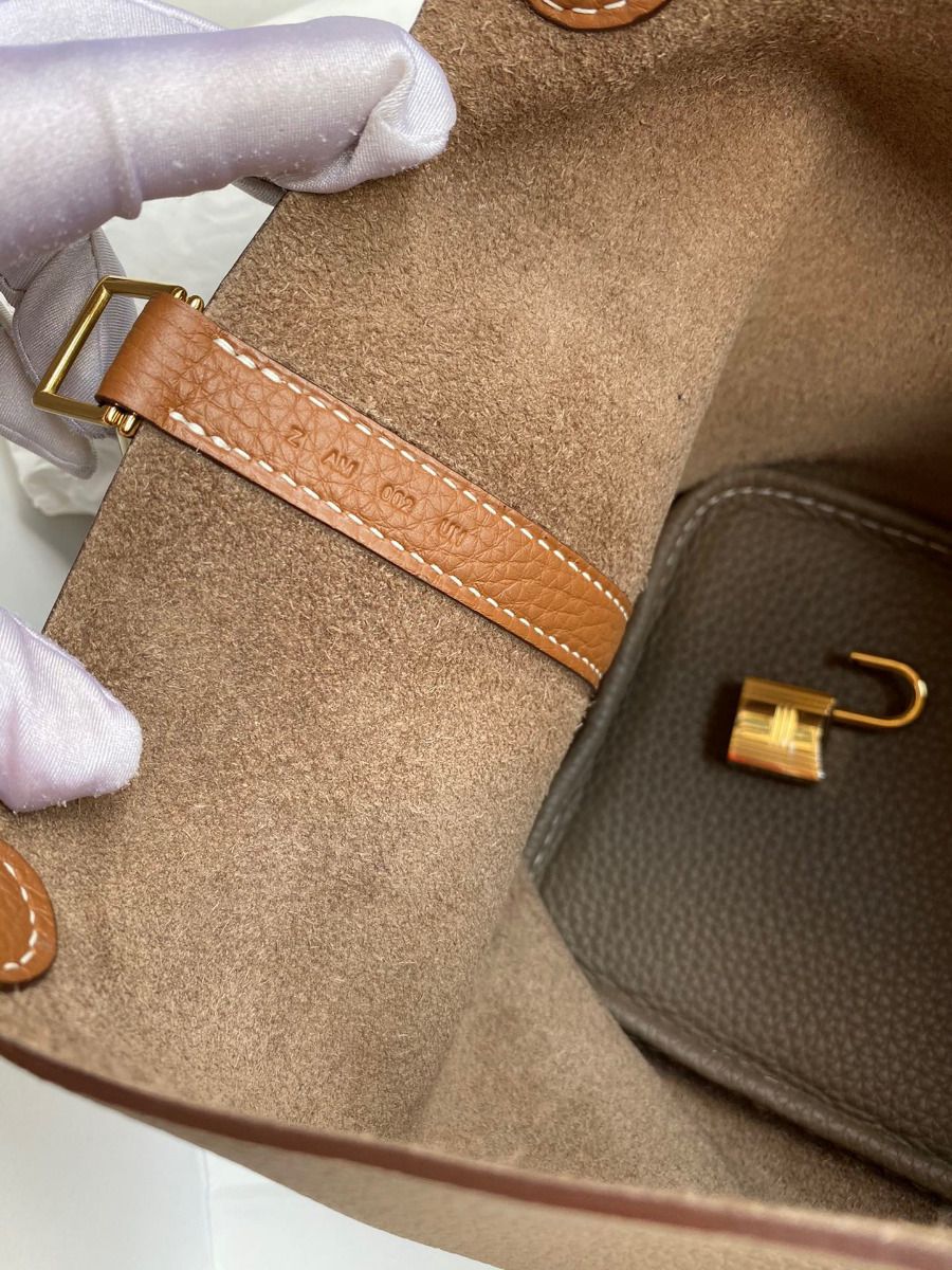 Hermes Picotin Lock 18 Bicolor Handmade Bag in Taupe and Gold Clemence Leather - Image 8