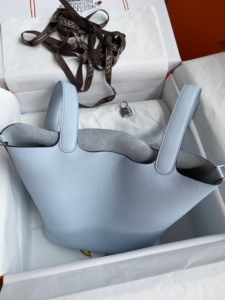 Hermes Picotin Lock 22 Handmade Bag in Blue Brume Clemence Leather - Image 10