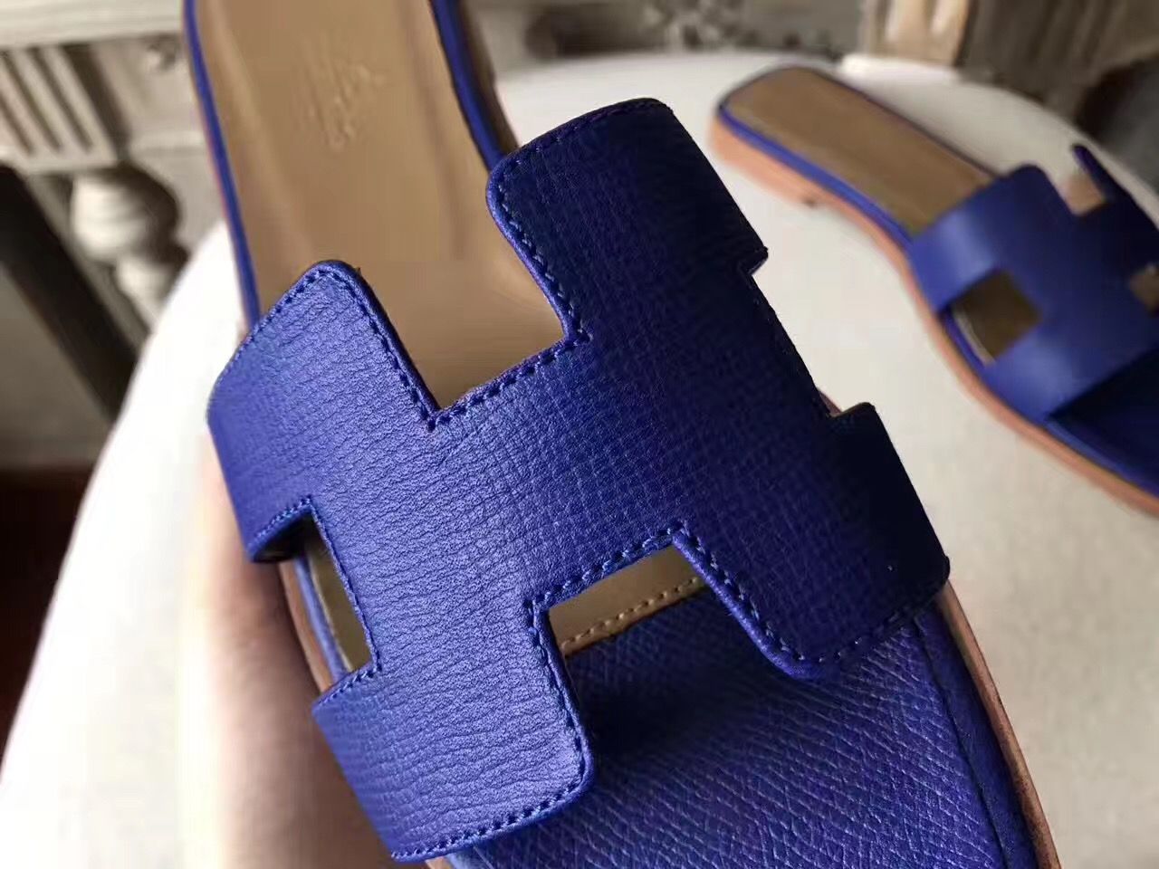 Hermes Oran Sandals In Blue Epsom Leather - Image 7