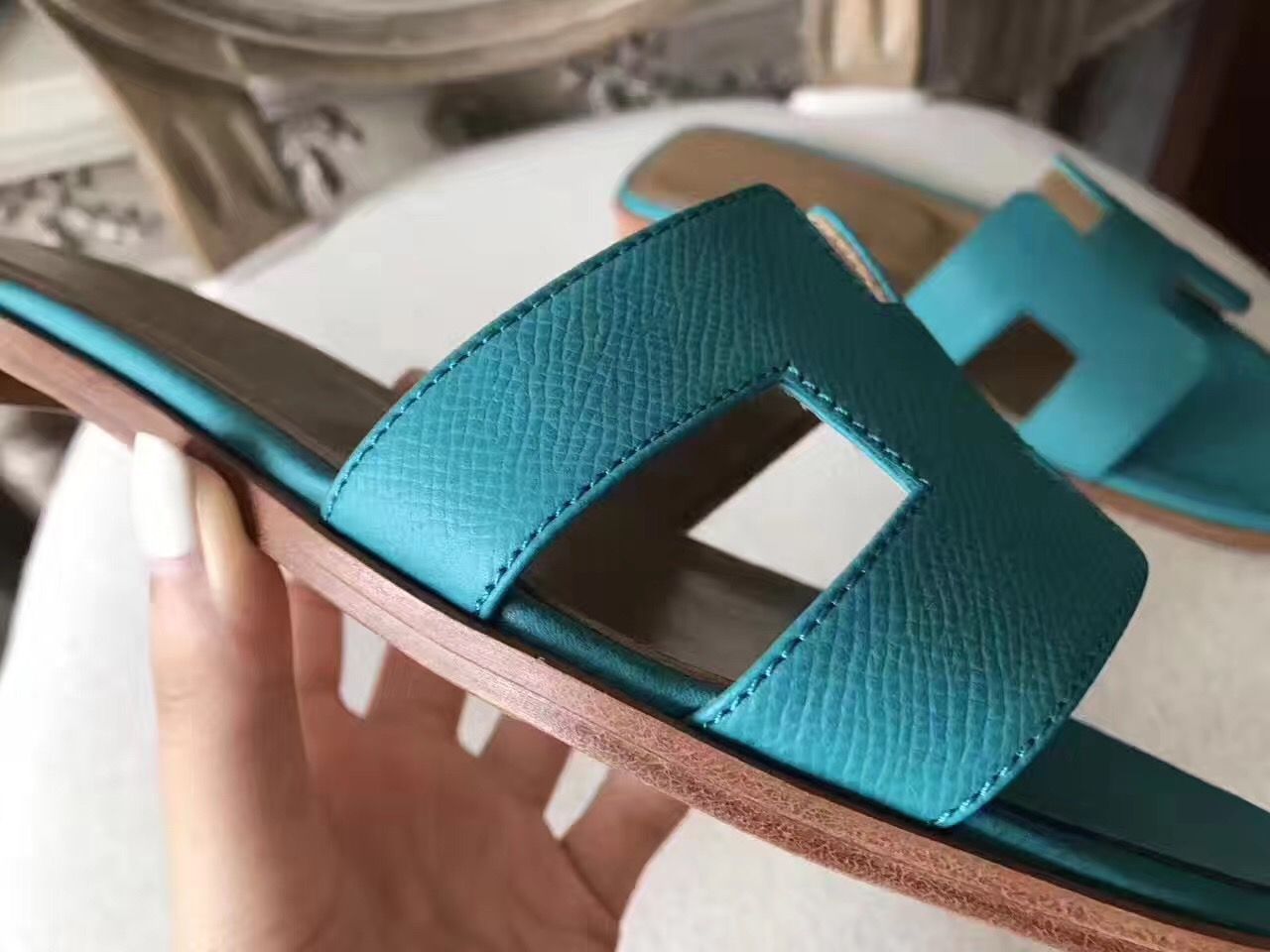 Hermes Oran Sandals In Lagon Epsom Leather - Image 9