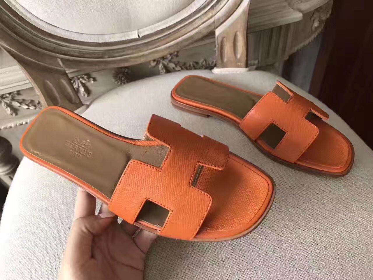 Hermes Oran Sandals In Orange Epsom Leather - Image 5