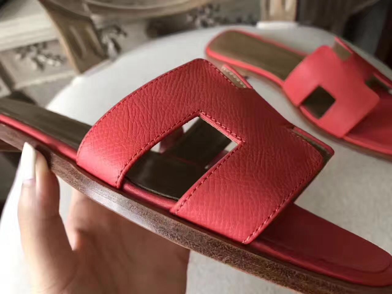 Hermes Oran Sandals In Rose Azalee Epsom Leather - Image 9