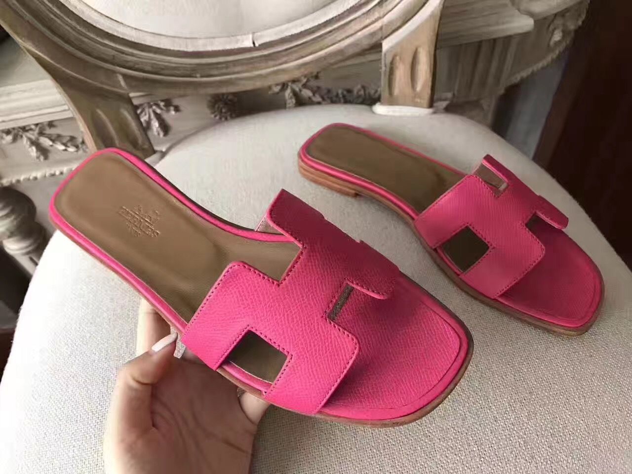 Hermes Oran Sandals In Rose Red Epsom Leather - Image 5