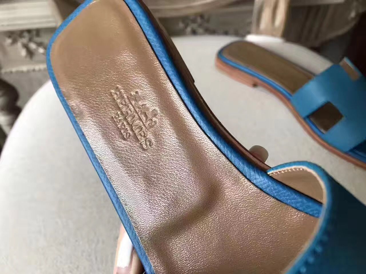 Hermes Oran Sandals In Turquoise Epsom Leather - Image 7