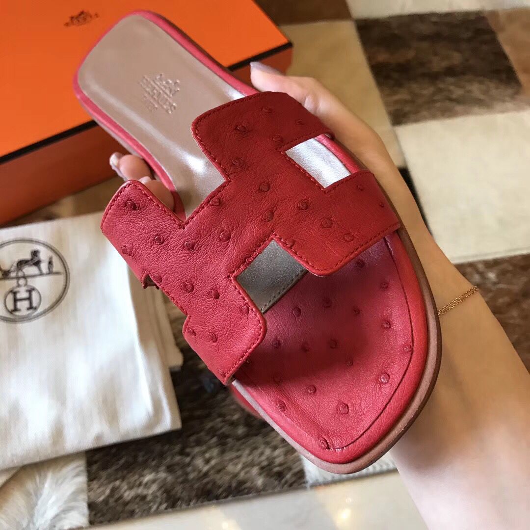 Hermes Oran Sandals In Red Ostrich Leather - Image 7