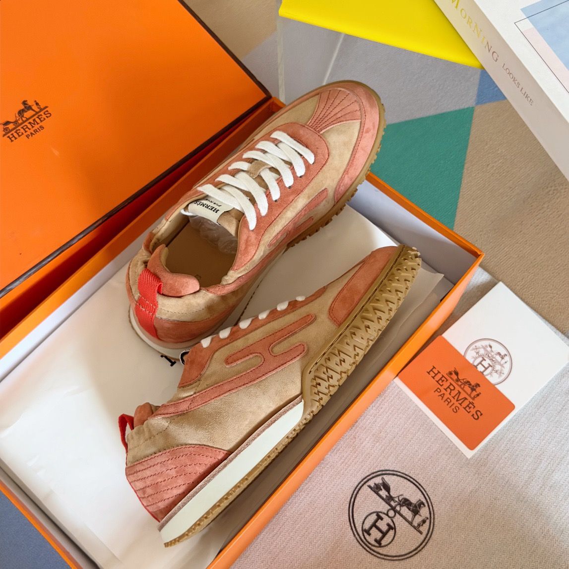 Hermes Men's Jet Sneakers in Beige/Orange Suede Leather - Image 6