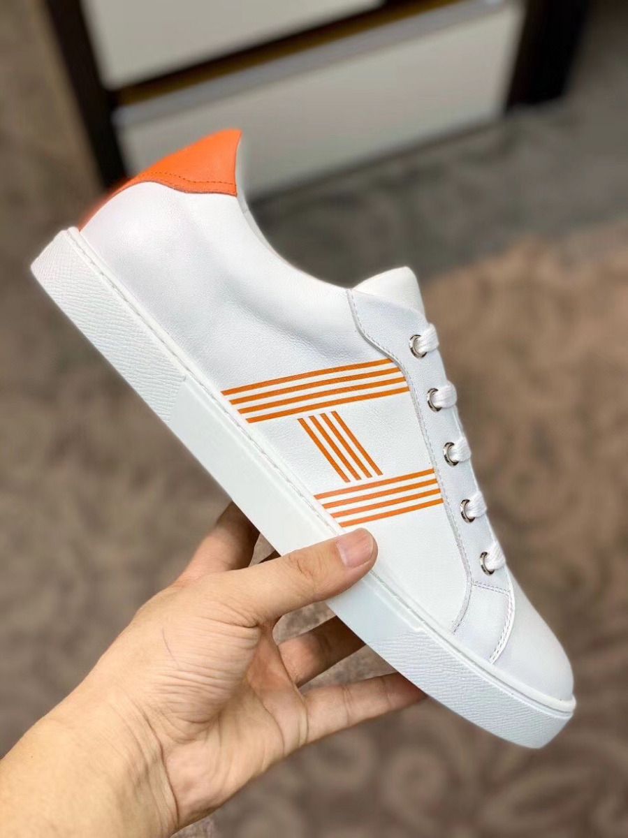 Hermes Men's Avantage Sneakers In White/Orange Calfskin - Image 5