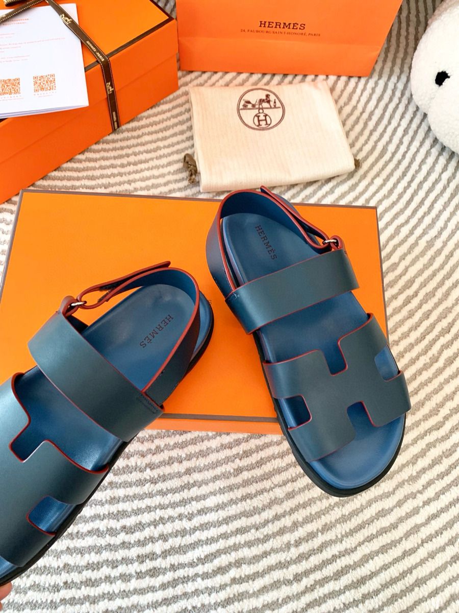 Hermes Men's Genius Sandals In Blue Calfskin - Image 6
