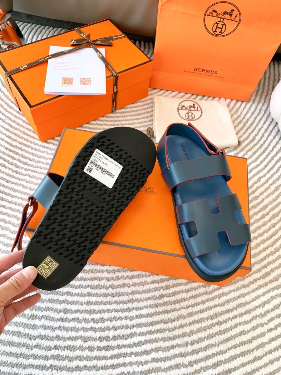Hermes Men's Genius Sandals In Blue Calfskin - Image 9