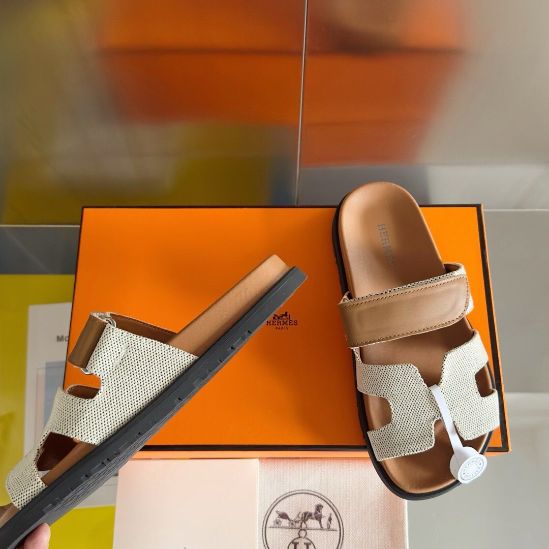 Hermes Men's Chypre Sandals In Canvas with Brown Leather - Image 9