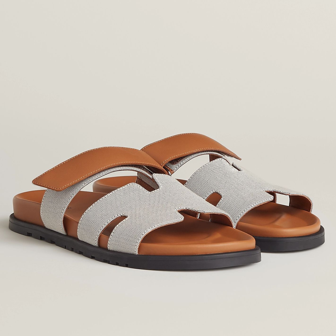 Hermes Men's Chypre Sandals In Canvas with Brown Leather