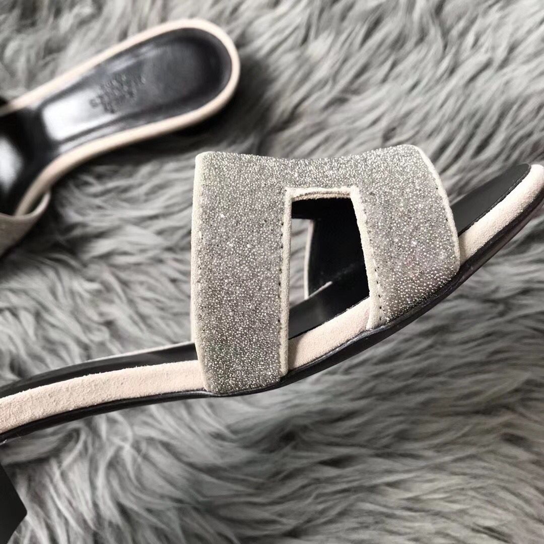 Hermes Oasis Sandals In White Suede with Rhinestone - Image 4