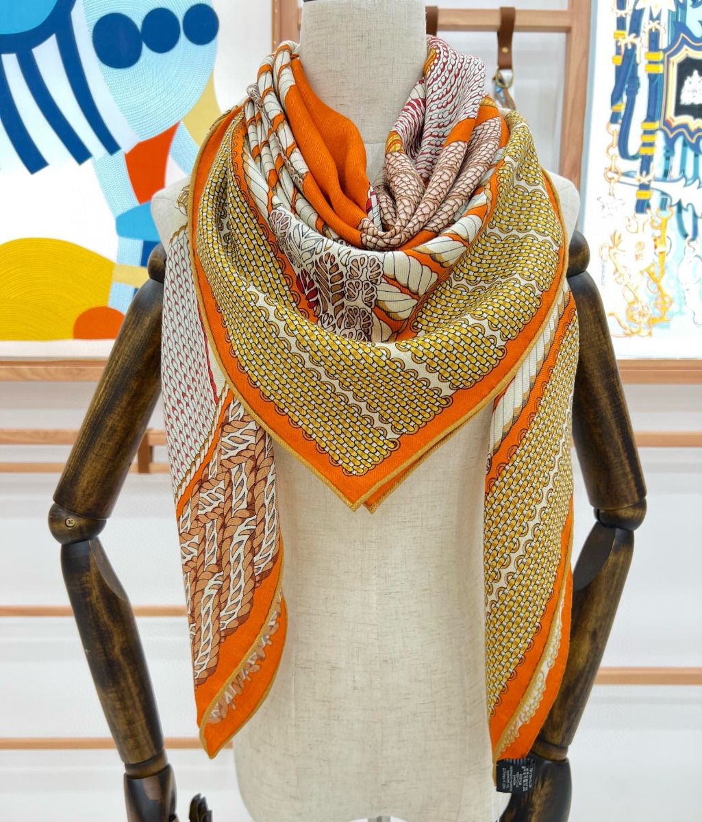 Hermes Orange Dressage Tressage Shawl 140 - Image 7