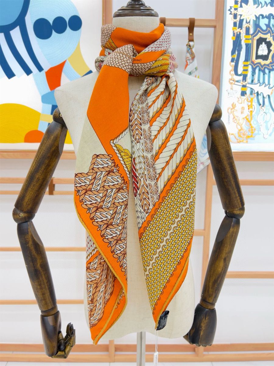 Hermes Orange Dressage Tressage Shawl 140 - Image 9