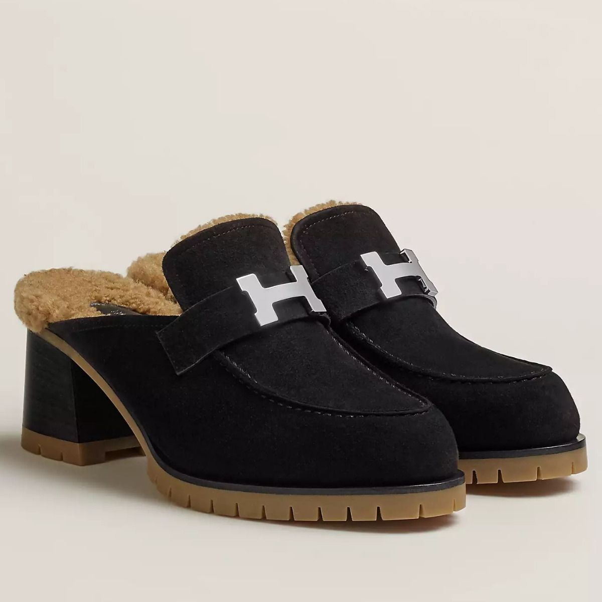 Hermes Flore 60 Mules in Black Suede with Shearling