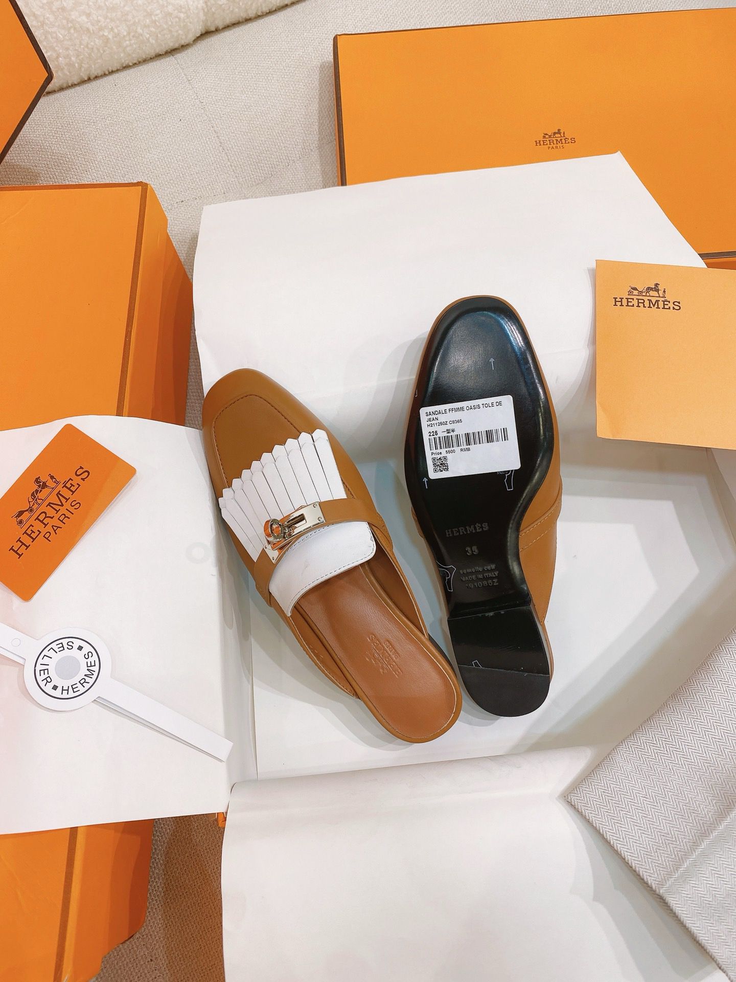 Hermes Women's Oz Mules with Fringed in Brown/White Leather - Image 3