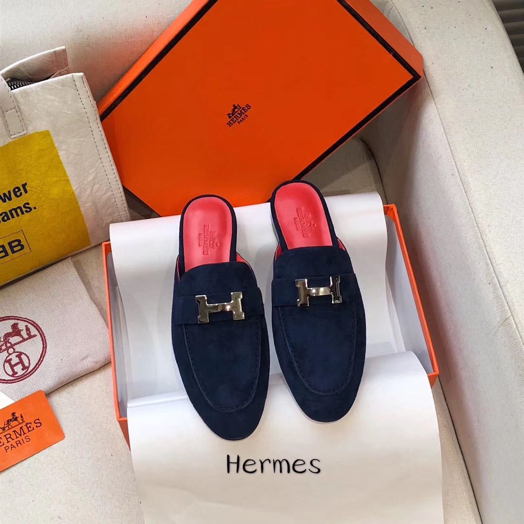 Hermes Trocadero Mules In Blue Suede - Image 3
