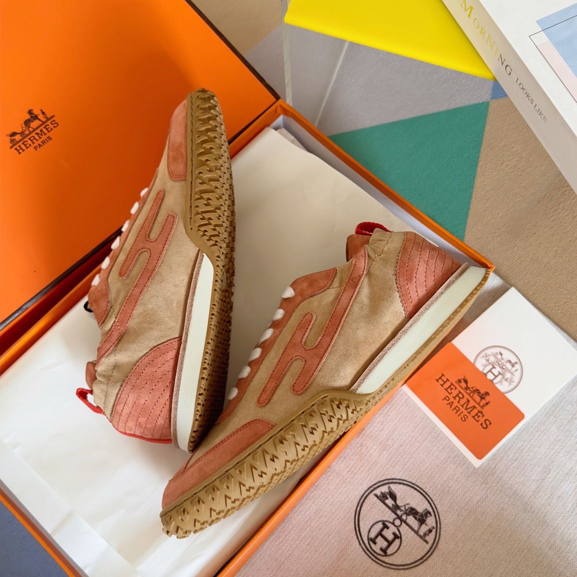 Hermes Women's Jet Sneakers in Beige/Orange Suede Leather - Image 7