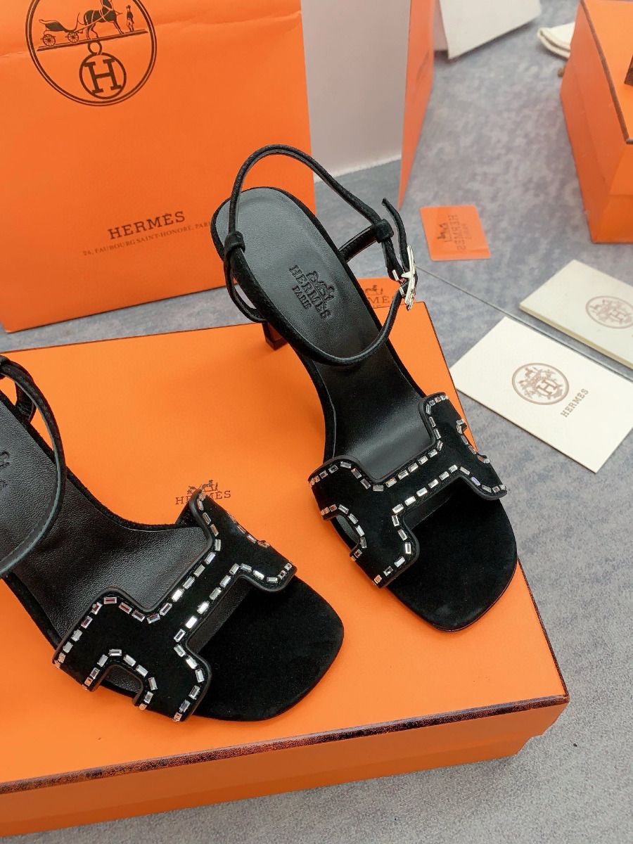Hermes Heden 80 Sandals in Black Suede Leather with Rhinestone - Image 7