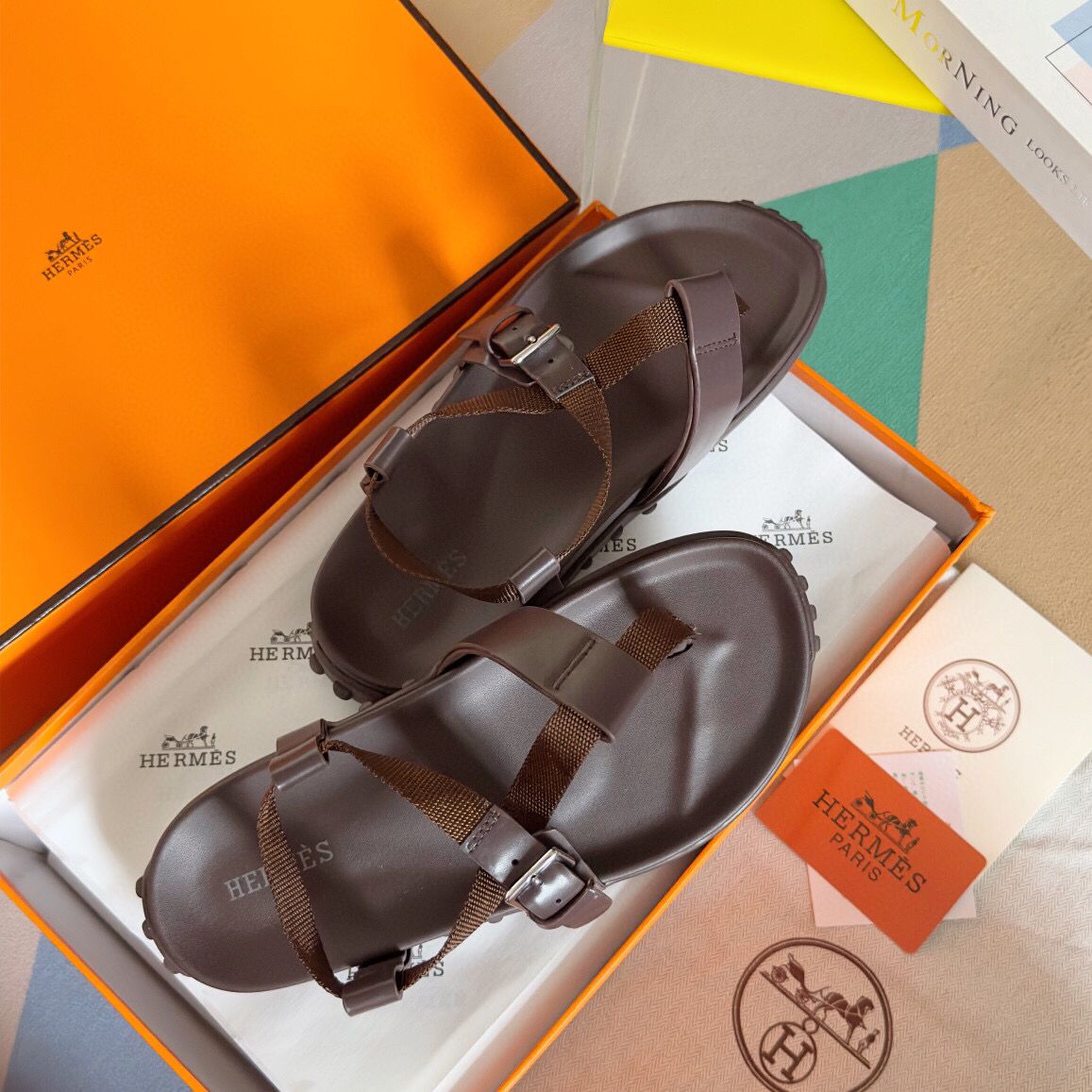 Hermes Inboard Sandals in Burgundy Leather and Ribbon - Image 6