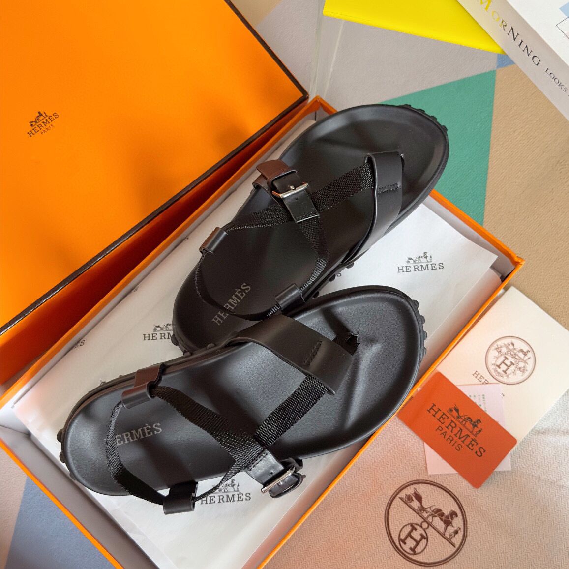 Hermes Inboard Sandals in Black Leather and Ribbon - Image 6