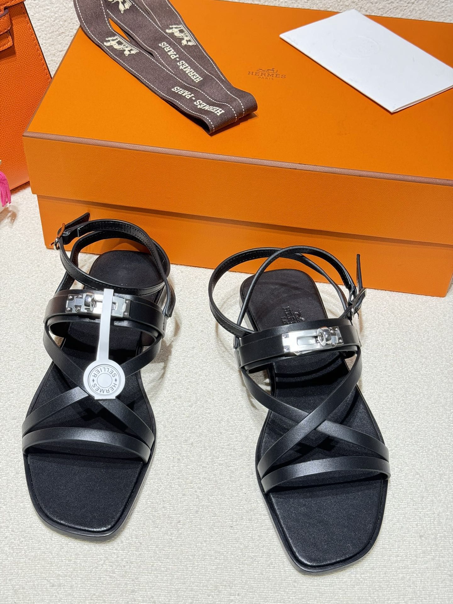 Hermes June Sandals in Black Leather - Image 7